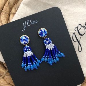 JCrew Blue White Beaded Tassel Post Drop Earrings